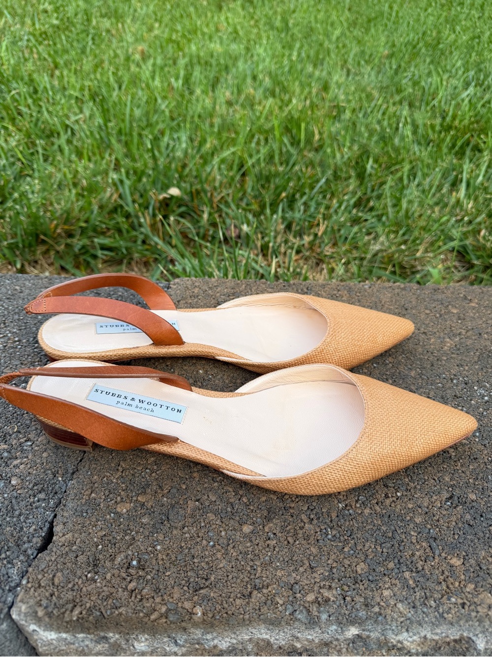 Stubbs & Wootton Raffia Slingback 1" Heel Shoes Beige Woven Size 40.5 US 9.5/10